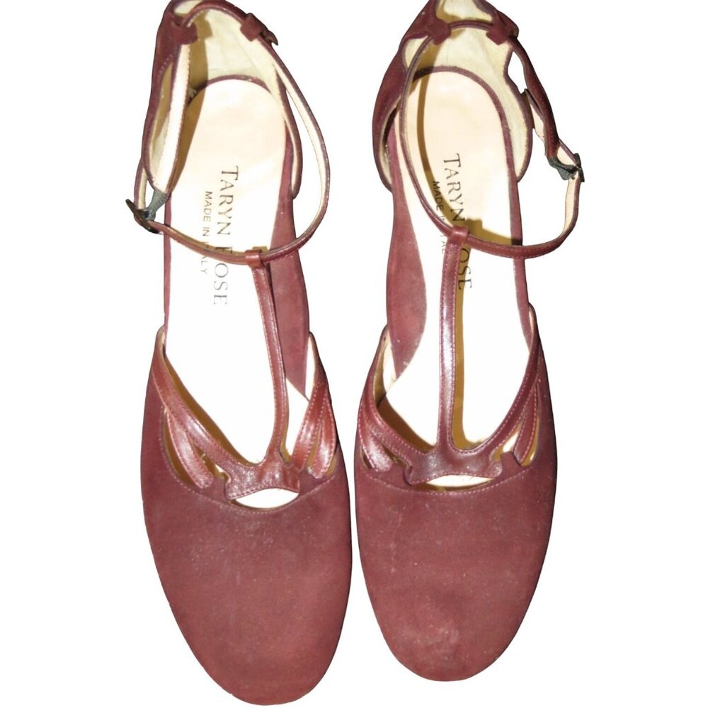 Taryn Rose Burgundy Italian Suede Leather Mary Jane Chunky Heeled Pumps 8.5